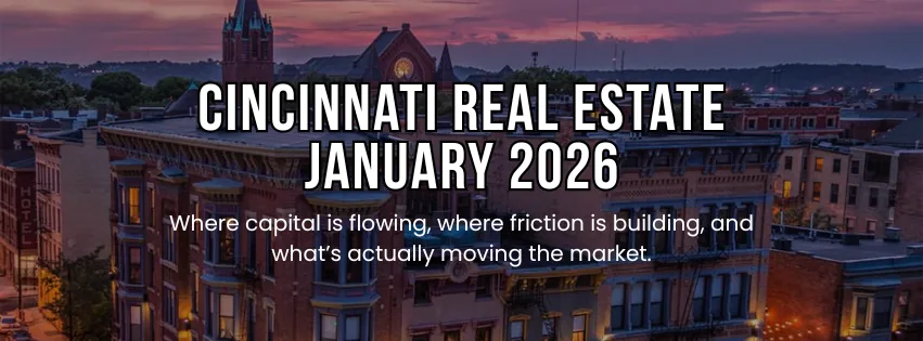 Banner reading Cincinnati Real Estate January 2026 over a dusk photo of brick buildings.