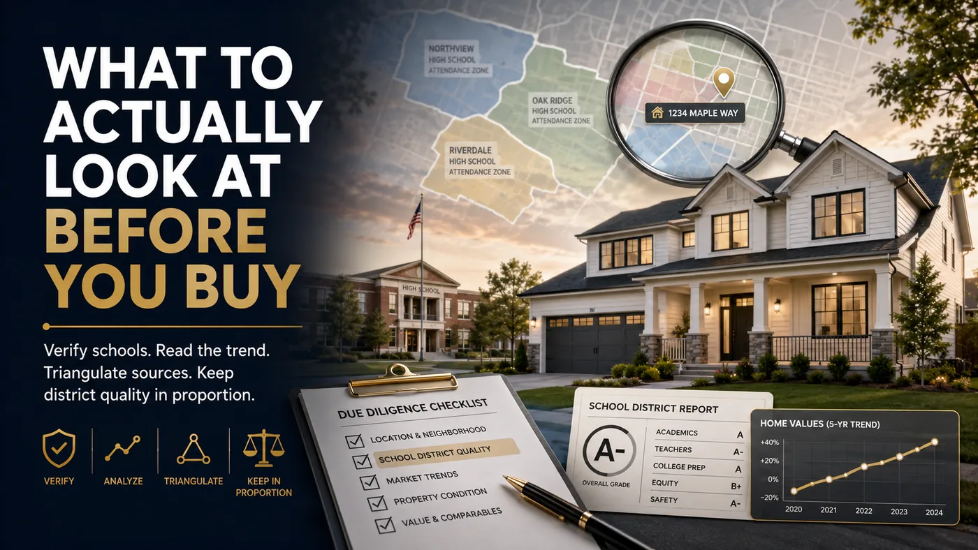 Illustration of a house beside a due diligence checklist, a school district report card and a home values trend chart.