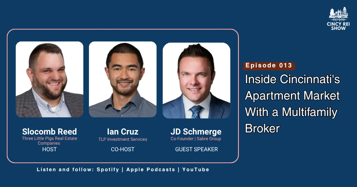 Cincy REI Show episode card with hosts Slocomb Reed and Ian Cruz and guest JD Schmerge of Sabre Group.
