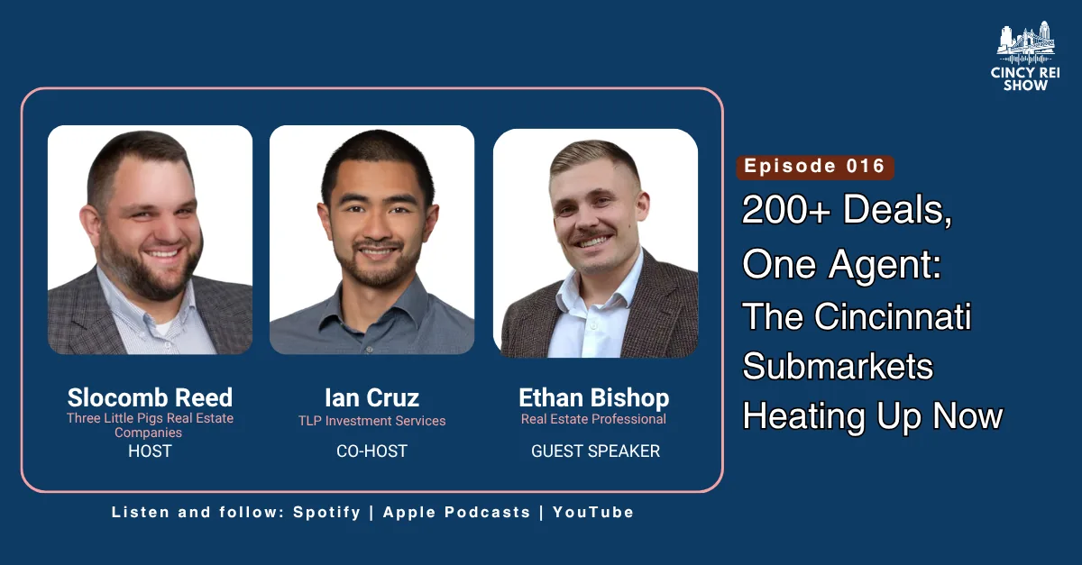 Cincy REI Show Episode 16 card with hosts Slocomb Reed and Ian Cruz and guest Ethan Bishop.