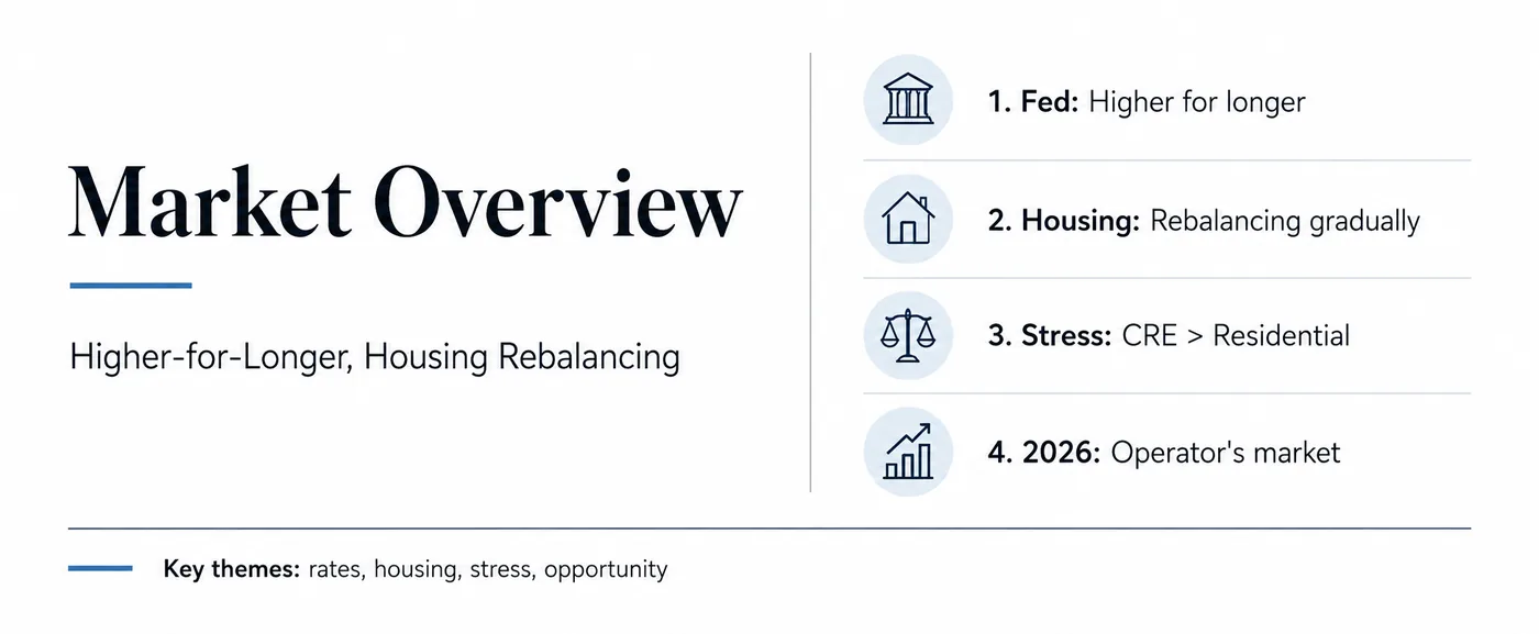 Slide titled Market Overview listing four themes: Fed higher for longer, housing rebalancing gradually, stress in commercial more than residential, and 2026 as an operator market.