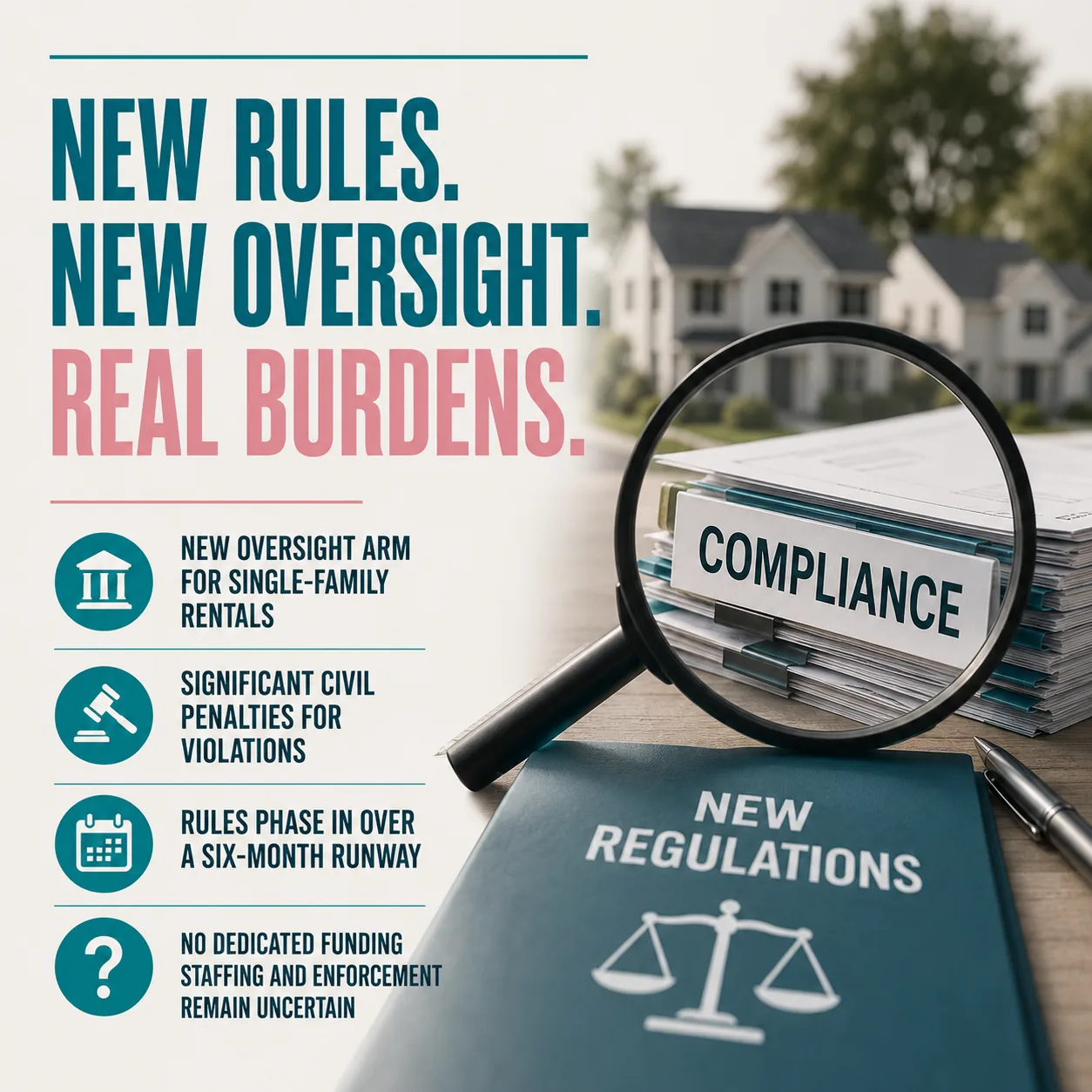 Illustration of a magnifying glass over a compliance binder and a new regulations folder: new oversight, civil penalties, a six-month phase-in and no dedicated funding.