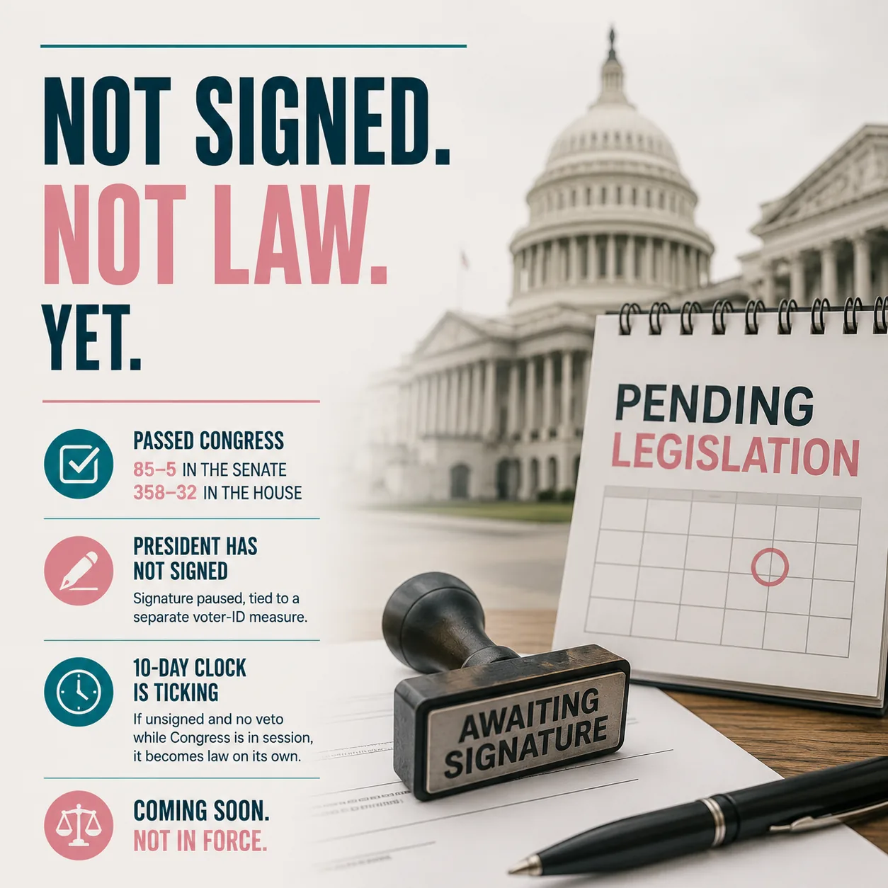 Illustration of the U.S. Capitol, a calendar and an Awaiting Signature stamp: passed Congress 85 to 5 in the Senate and 358 to 32 in the House, not yet signed.