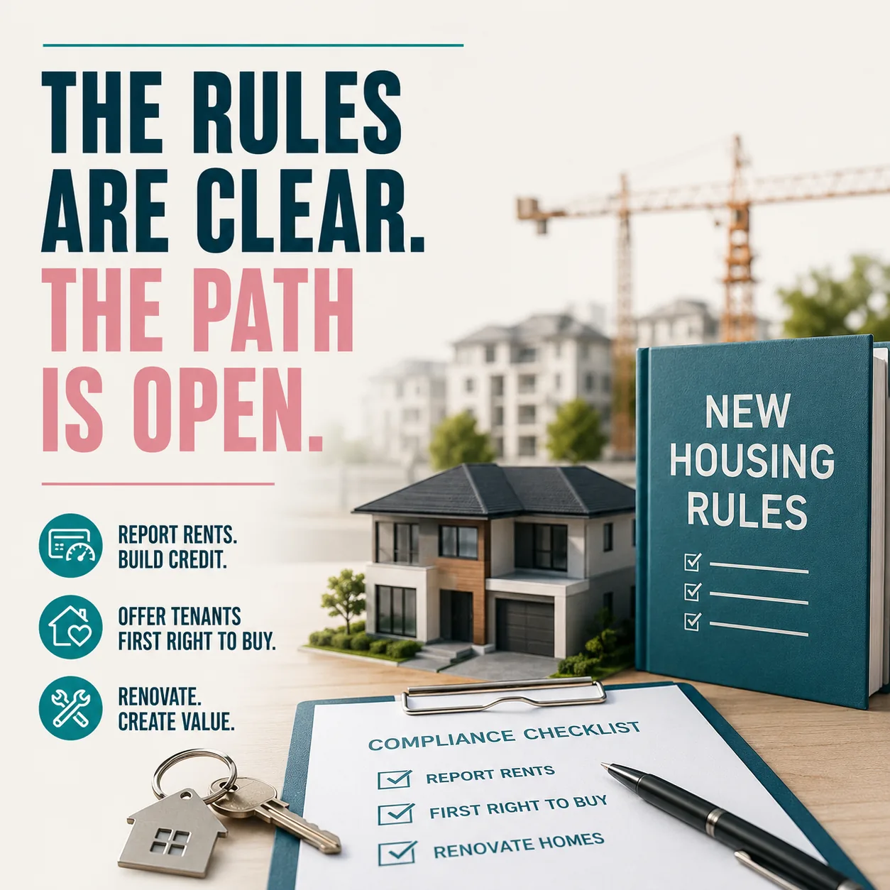 Model house, a New Housing Rules book and a compliance checklist clipboard: report rents, build credit, offer tenants first right to buy, renovate.