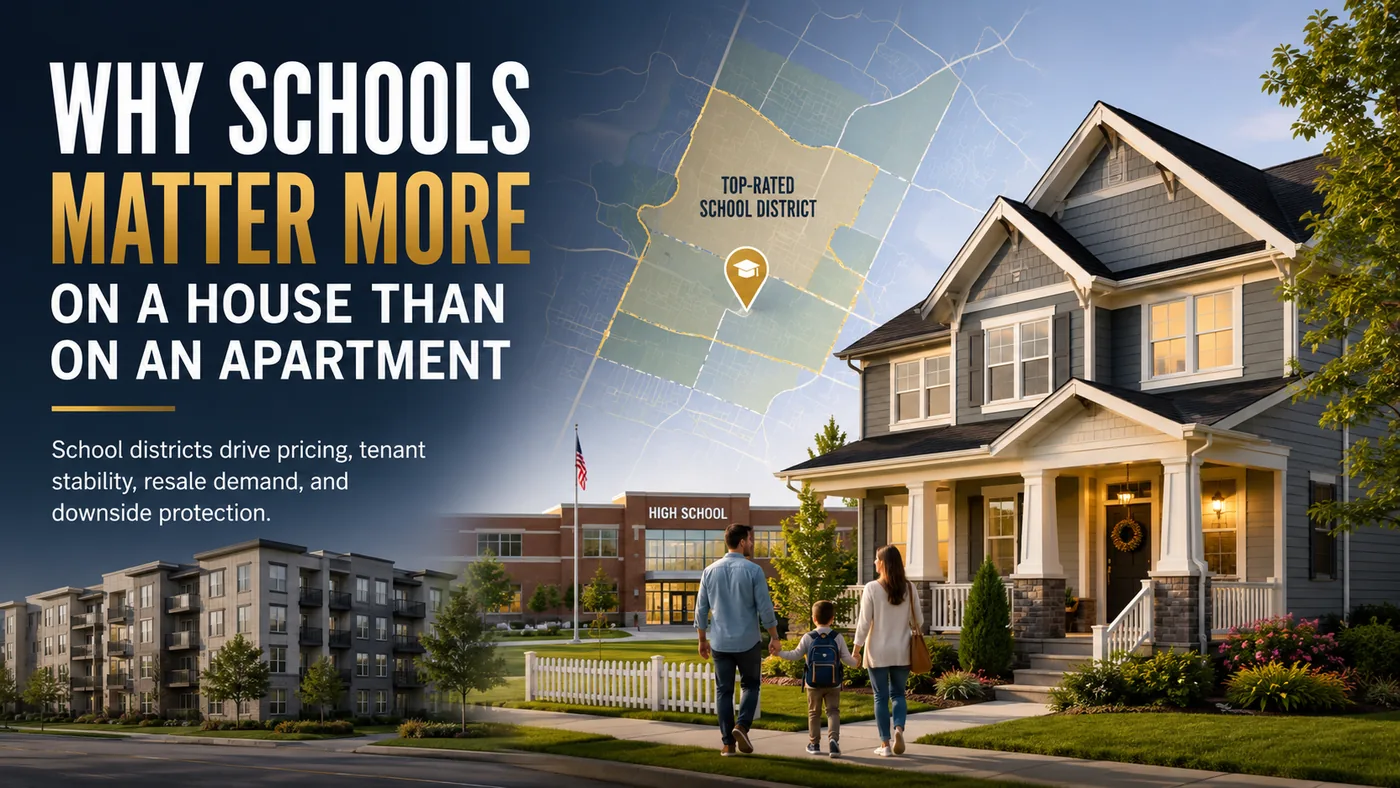 Illustration of a family walking to a two-story house with a school, an apartment building and a school district map.