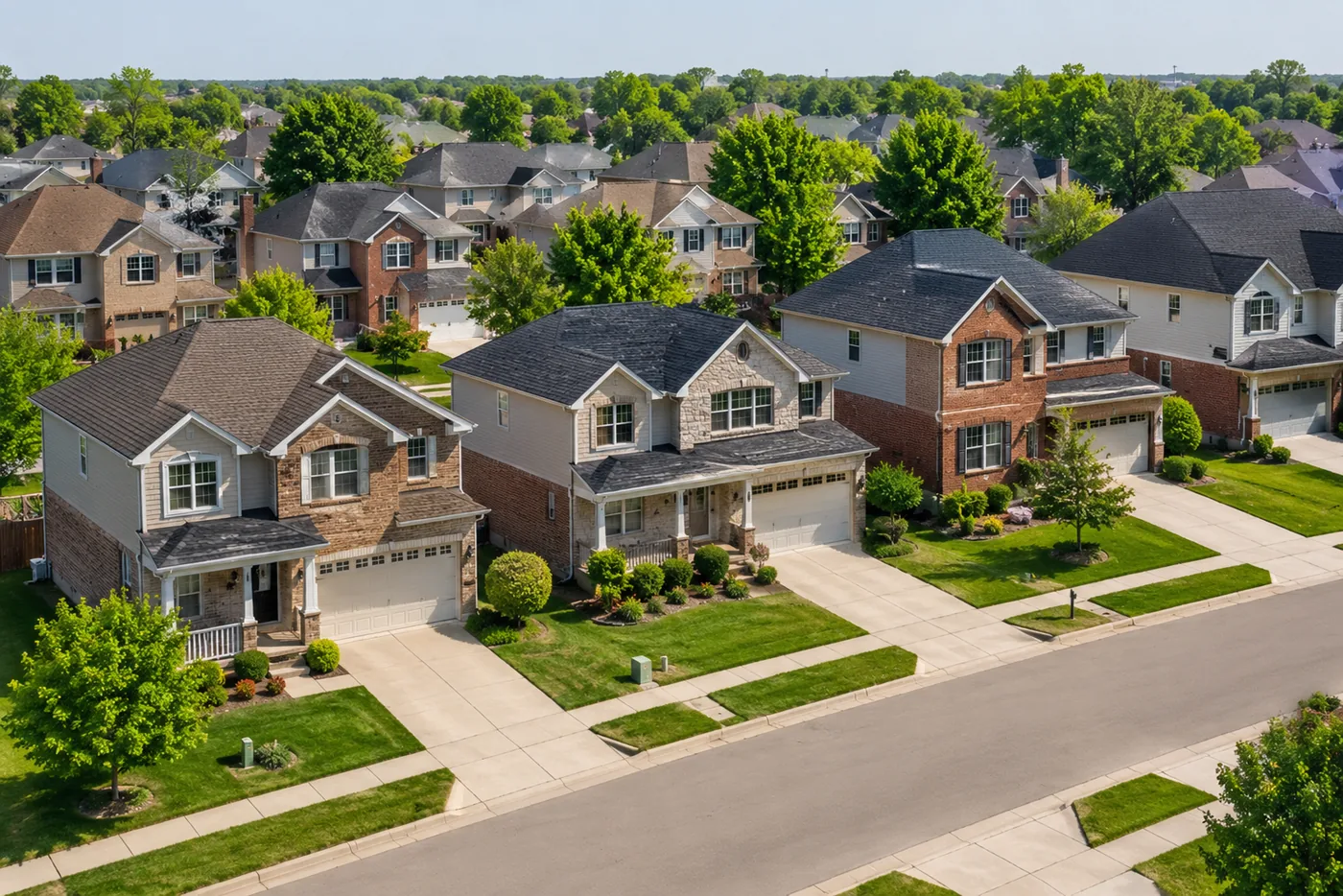 Aerial view of a suburban street lined with large two-story brick and siding homes.
