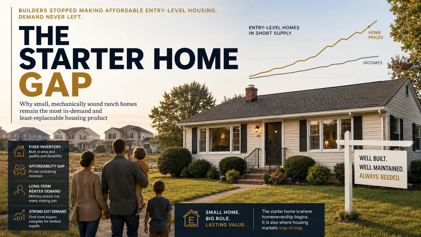 Illustration of a family facing a ranch house with a for-sale sign, titled The Starter Home Gap, with a home prices versus incomes chart.