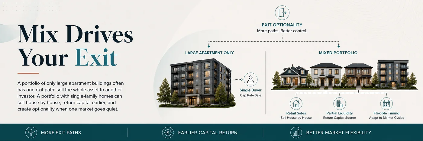 Graphic comparing exit paths for an apartment-only portfolio, a single buyer at a cap rate sale, with a mixed portfolio offering retail sales, partial liquidity and flexible timing.