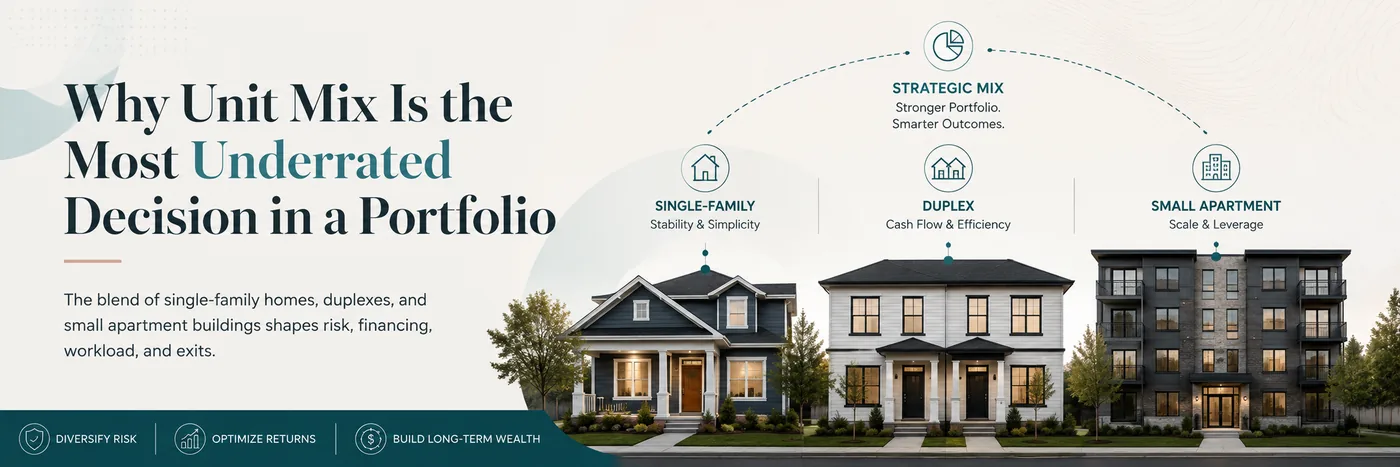 Graphic comparing single-family, duplex and small apartment properties as parts of a strategic portfolio mix.